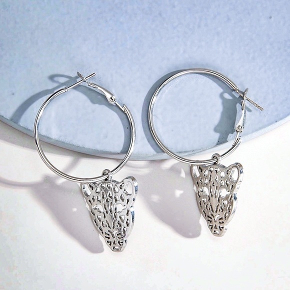 Any 3/$25! Silver Hoops w/Laser Cut Tiger Pendant Earrings - Picture 5 of 7